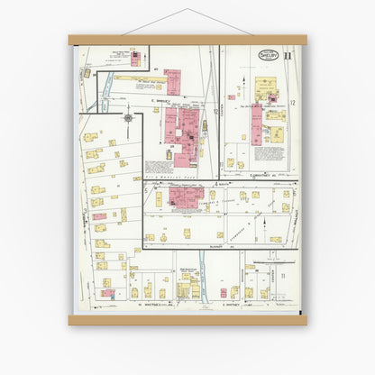 Old map wall art mockup — magnetic wood frame on white wall — Sanborn Fire Insurance Map from Shelby, Richland County, Ohio (1919), Sheet #0011