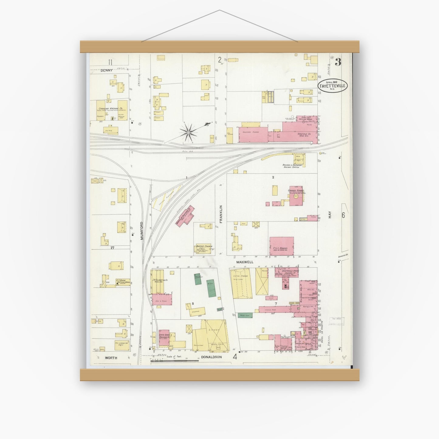 Old map wall art mockup — magnetic wood frame on white wall — Sanborn Fire Insurance Map from Fayetteville, Cumberland County, North Carolina (1908), Sheet #0003