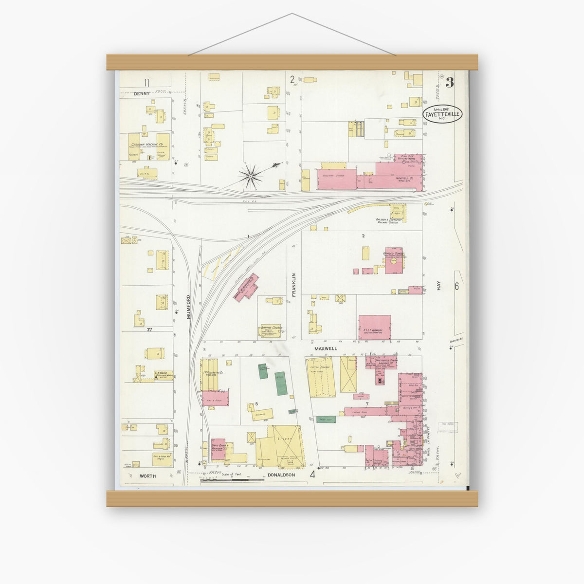 Old map wall art mockup — magnetic wood frame on white wall — Sanborn Fire Insurance Map from Fayetteville, Cumberland County, North Carolina (1908), Sheet #0003
