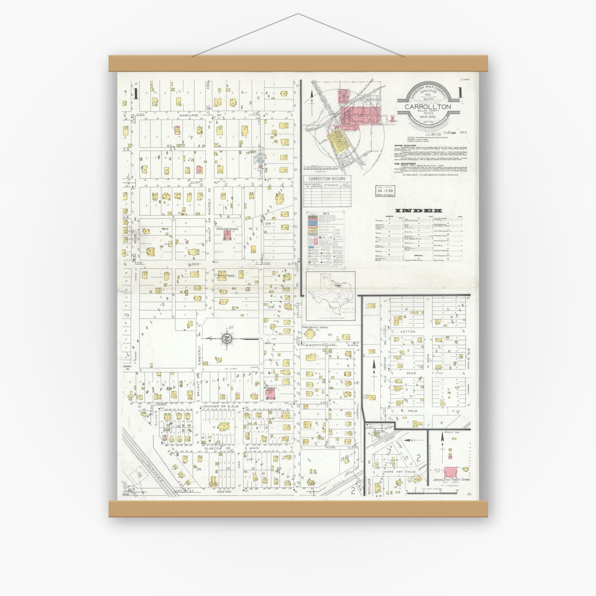 Old map wall art mockup — magnetic wood frame on white wall — Sanborn Fire Insurance Map from Carrollton, Dallas County, Texas (1935) - Complete Map Set