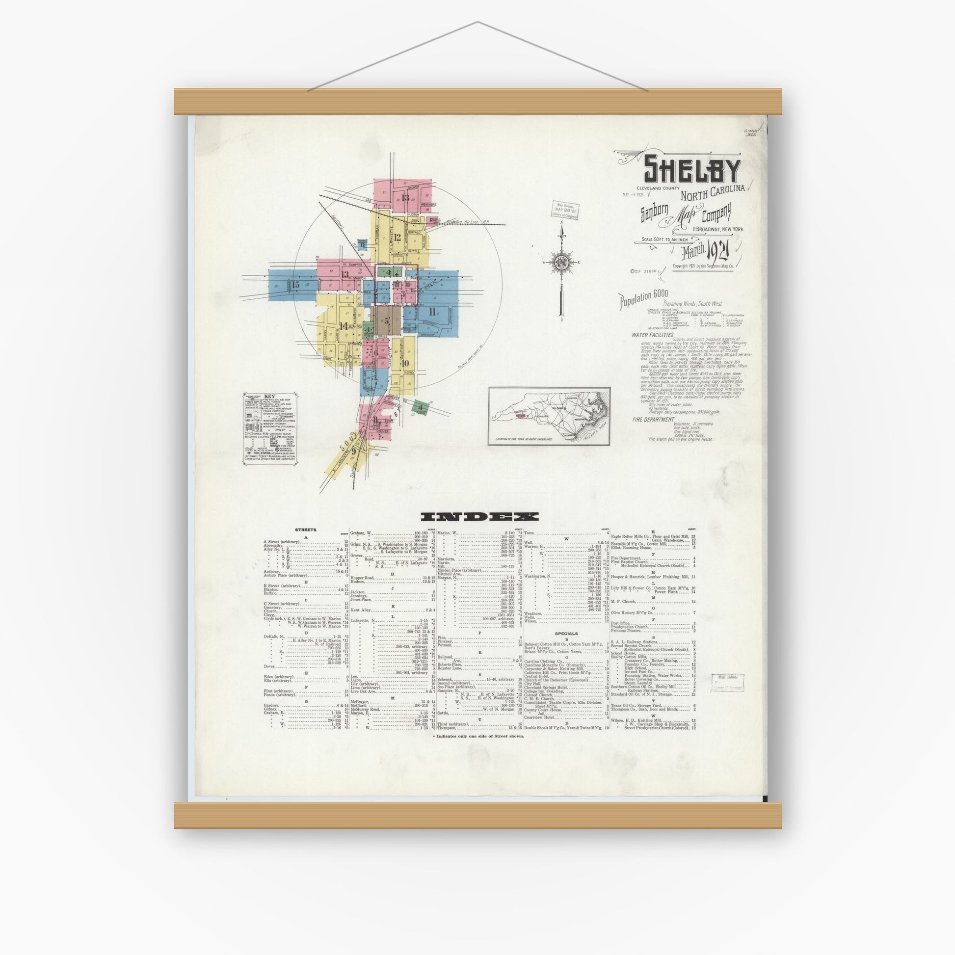 Old map wall art mockup — magnetic wood frame on white wall — Sanborn Fire Insurance Map from Shelby, Cleveland County, North Carolina (1921), Sheet #0001