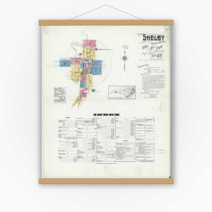 Old map wall art mockup — magnetic wood frame on white wall — Sanborn Fire Insurance Map from Shelby, Cleveland County, North Carolina (1921), Sheet #0001