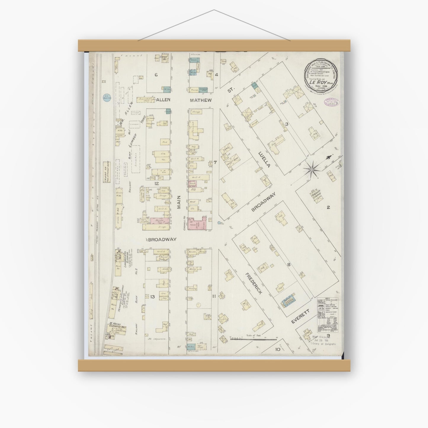 Old map wall art mockup — magnetic wood frame on white wall — Sanborn Fire Insurance Map from Le Roy, Mower County, Minnesota (1886), Sheet #0001
