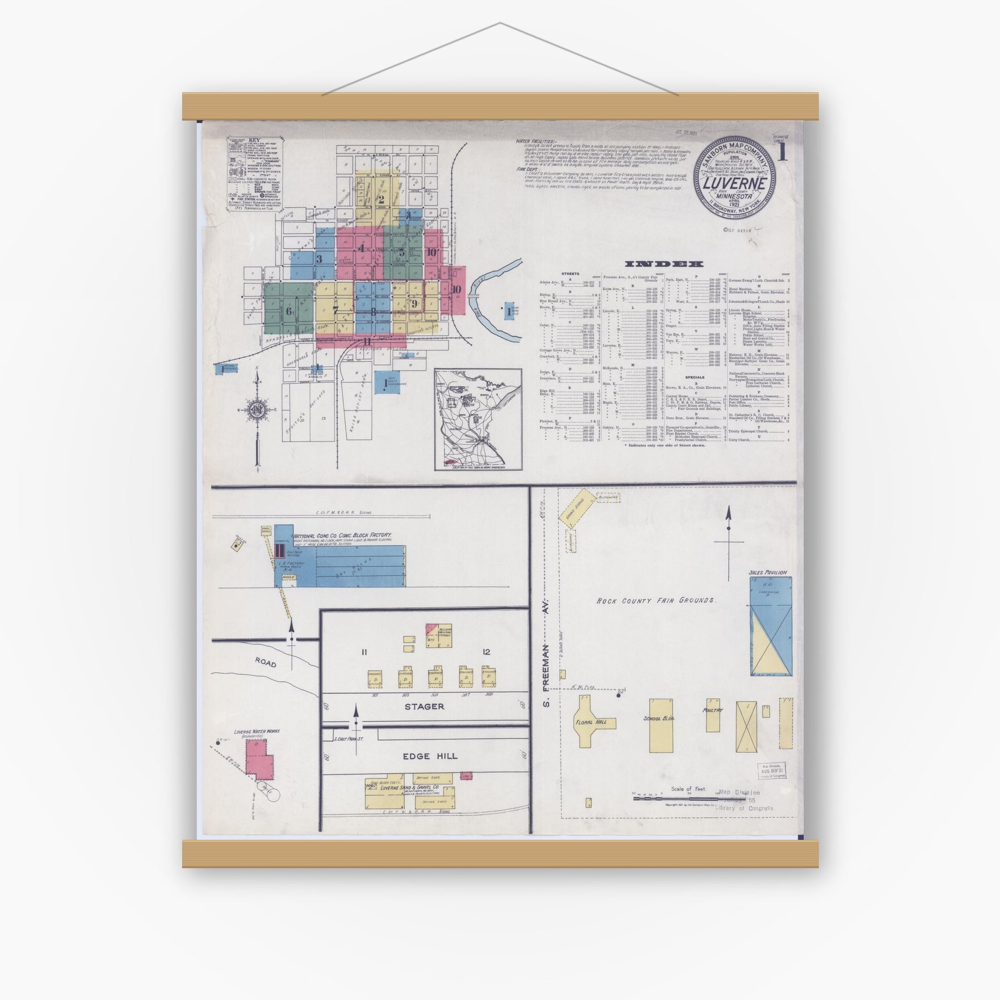 Old map wall art mockup — magnetic wood frame on white wall — Sanborn Fire Insurance Map from Luverne, Rock County, Minnesota (1921) - Complete Map Set