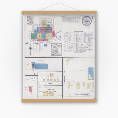 Old map wall art mockup — magnetic wood frame on white wall — Sanborn Fire Insurance Map from Luverne, Rock County, Minnesota (1921) - Complete Map Set