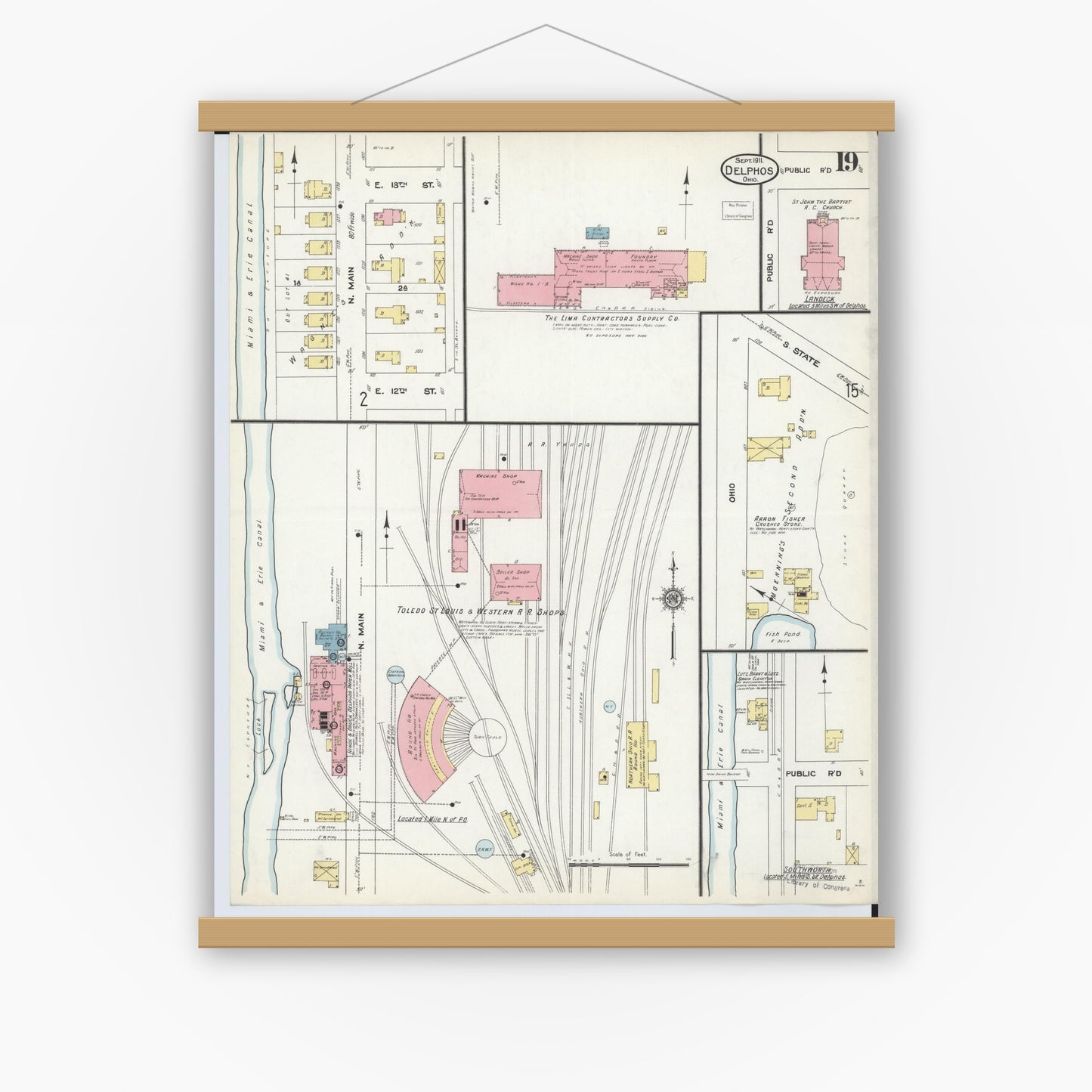 Old map wall art mockup — magnetic wood frame on white wall — Sanborn Fire Insurance Map from Delphos, Van Wert And Allen Counties, Ohio (1911), Sheet #0019
