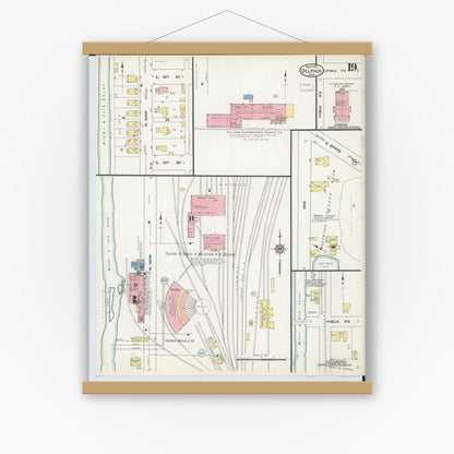 Old map wall art mockup — magnetic wood frame on white wall — Sanborn Fire Insurance Map from Delphos, Van Wert And Allen Counties, Ohio (1911), Sheet #0019