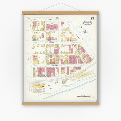 Old map wall art mockup — magnetic wood frame on white wall — Sanborn Fire Insurance Map from East Liverpool, Columbiana County, Ohio (1908), Sheet #0013
