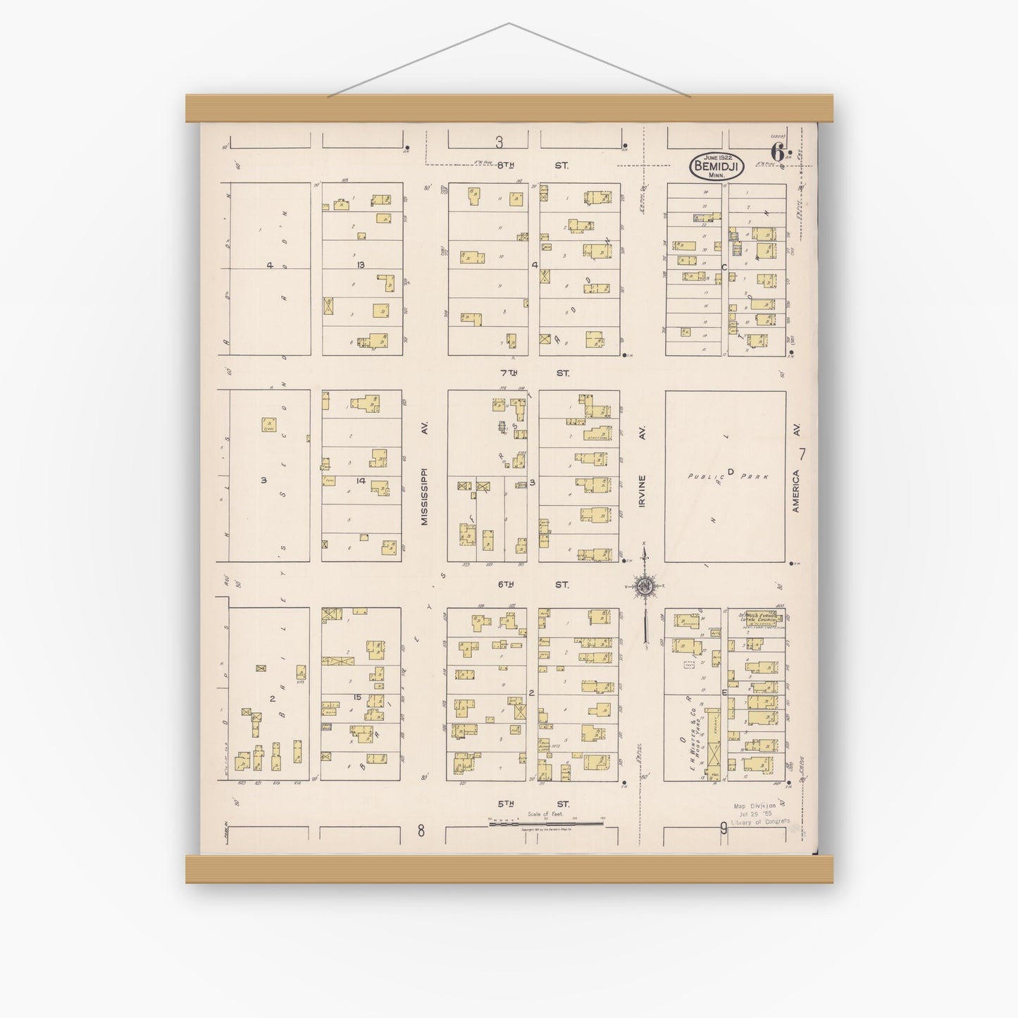Old map wall art mockup — magnetic wood frame on white wall — Sanborn Fire Insurance Map from Bemidji, Beltrami County, Minnesota (1922), Sheet #0006