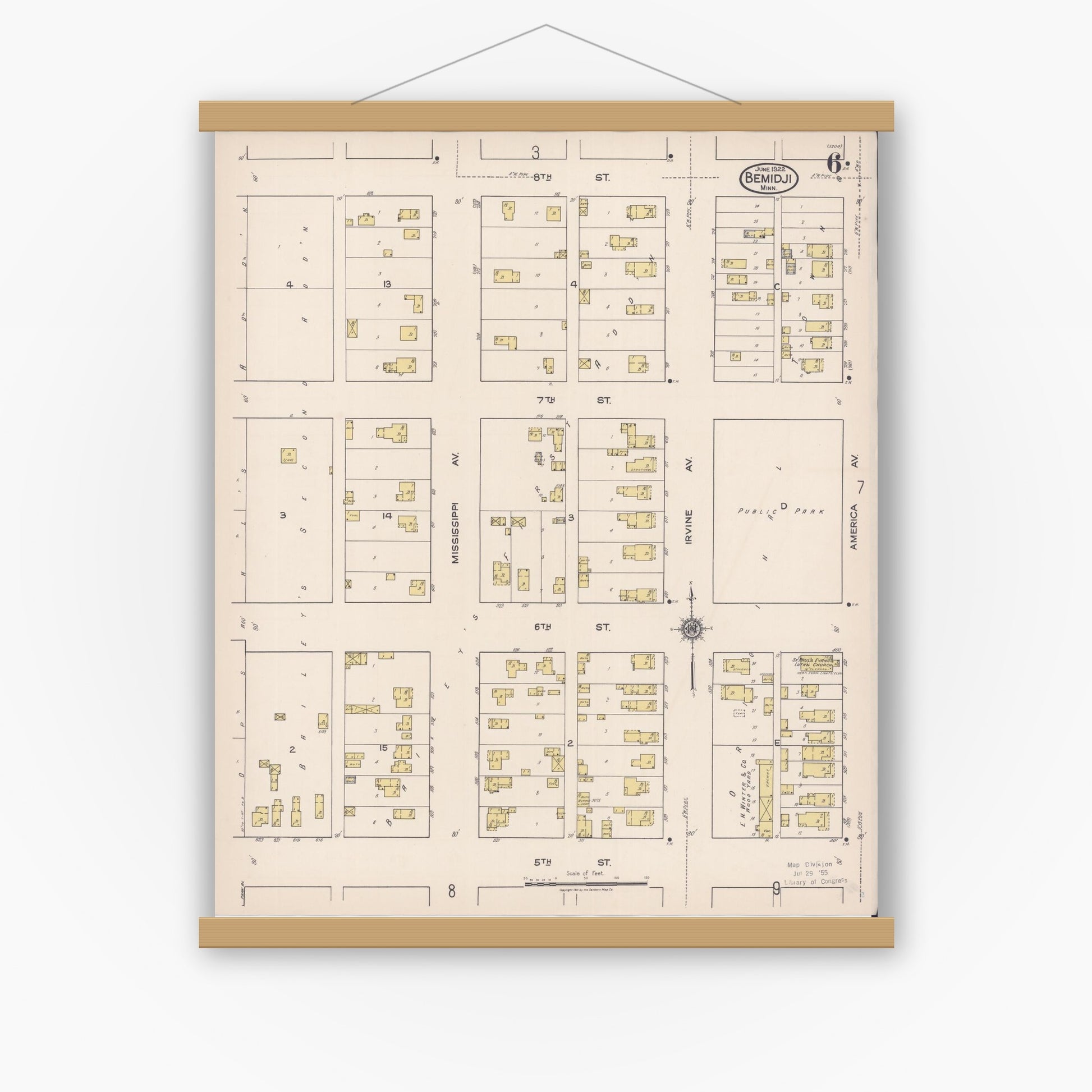Old map wall art mockup — magnetic wood frame on white wall — Sanborn Fire Insurance Map from Bemidji, Beltrami County, Minnesota (1922), Sheet #0006