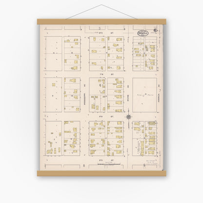Old map wall art mockup — magnetic wood frame on white wall — Sanborn Fire Insurance Map from Bemidji, Beltrami County, Minnesota (1922), Sheet #0006