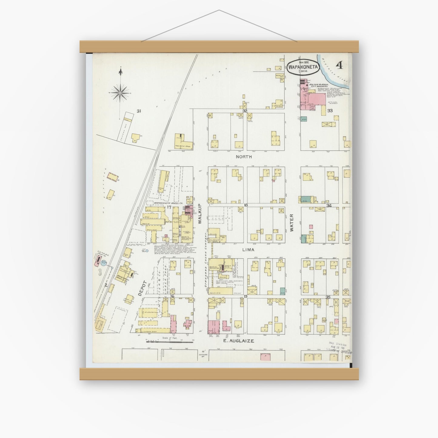 Old map wall art mockup — magnetic wood frame on white wall — Sanborn Fire Insurance Map from Wapakoneta, Auglaize County, Ohio (1892), Sheet #0004