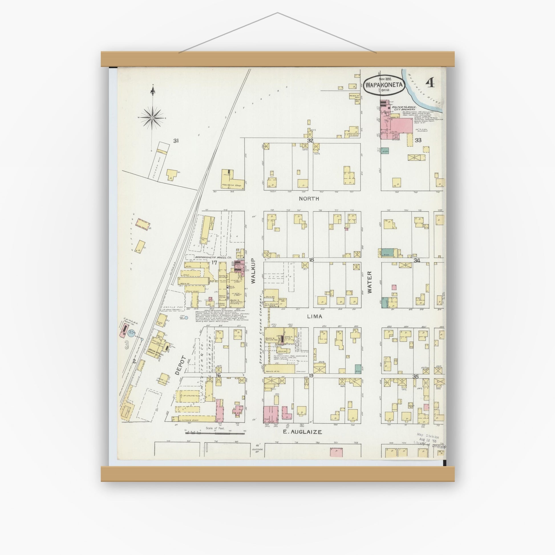 Old map wall art mockup — magnetic wood frame on white wall — Sanborn Fire Insurance Map from Wapakoneta, Auglaize County, Ohio (1892), Sheet #0004