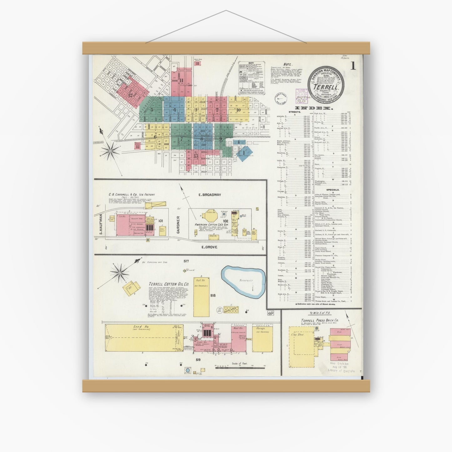 Old map wall art mockup — magnetic wood frame on white wall — Sanborn Fire Insurance Map from Terrell, Kaufman County, Texas (1902), Sheet #0001