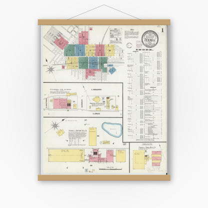 Old map wall art mockup — magnetic wood frame on white wall — Sanborn Fire Insurance Map from Terrell, Kaufman County, Texas (1902), Sheet #0001