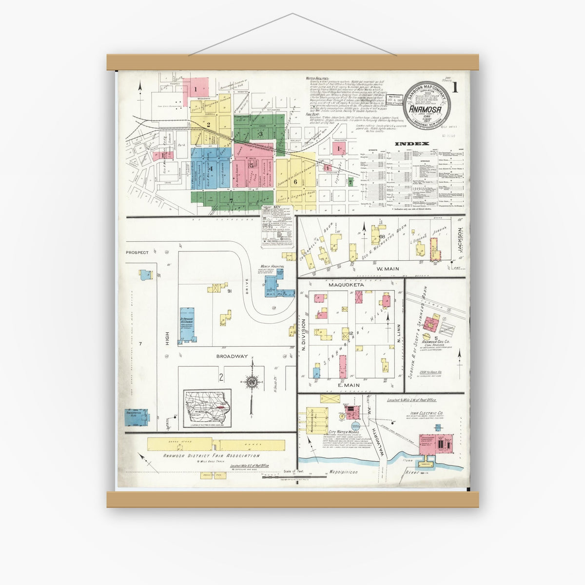 Old map wall art mockup — magnetic wood frame on white wall — Sanborn Fire Insurance Map from Anamosa, Jones County, Iowa (1917) â€” Complete Set