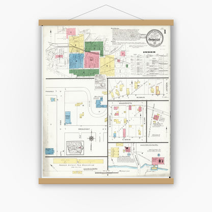 Old map wall art mockup — magnetic wood frame on white wall — Sanborn Fire Insurance Map from Anamosa, Jones County, Iowa (1917) â€” Complete Set