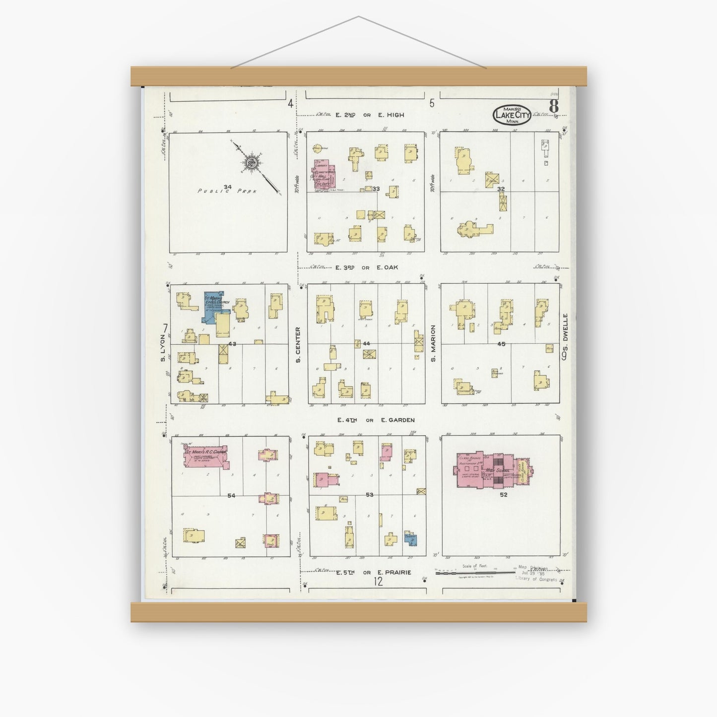 Old map wall art mockup — magnetic wood frame on white wall — Sanborn Fire Insurance Map from Lake City, Wabasha County, Minnesota (1921), Sheet #0008