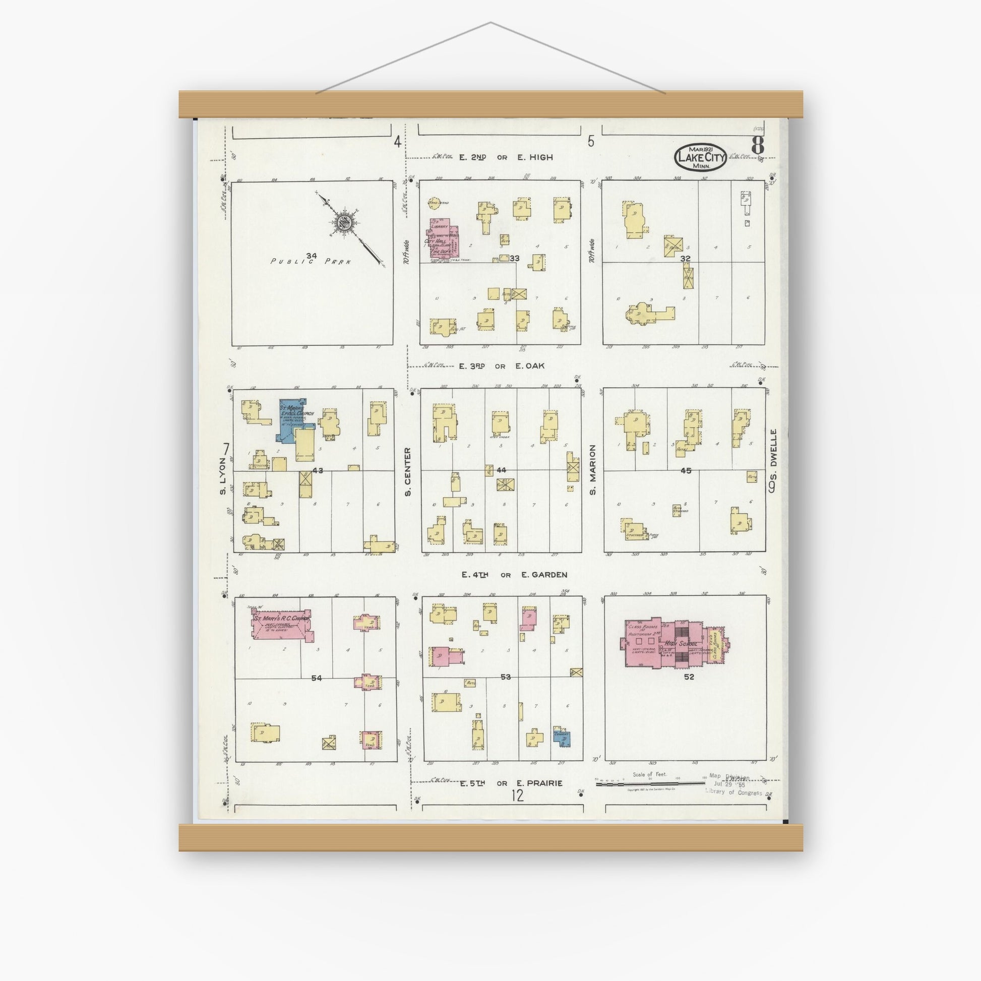Old map wall art mockup — magnetic wood frame on white wall — Sanborn Fire Insurance Map from Lake City, Wabasha County, Minnesota (1921), Sheet #0008
