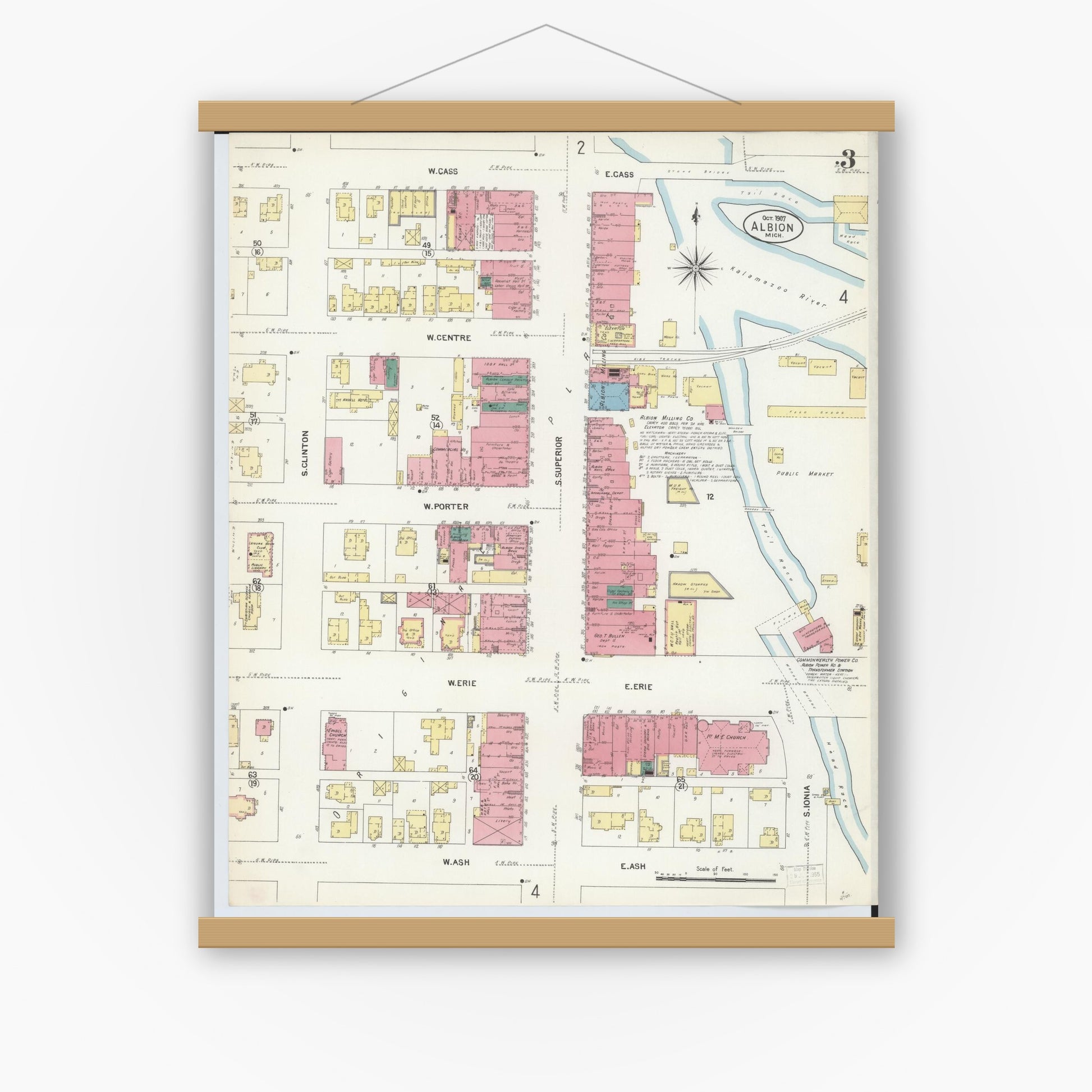 Old map wall art mockup — magnetic wood frame on white wall — Sanborn Fire Insurance Map from Albion, Calhoun County, Michigan (1907), Sheet #0003