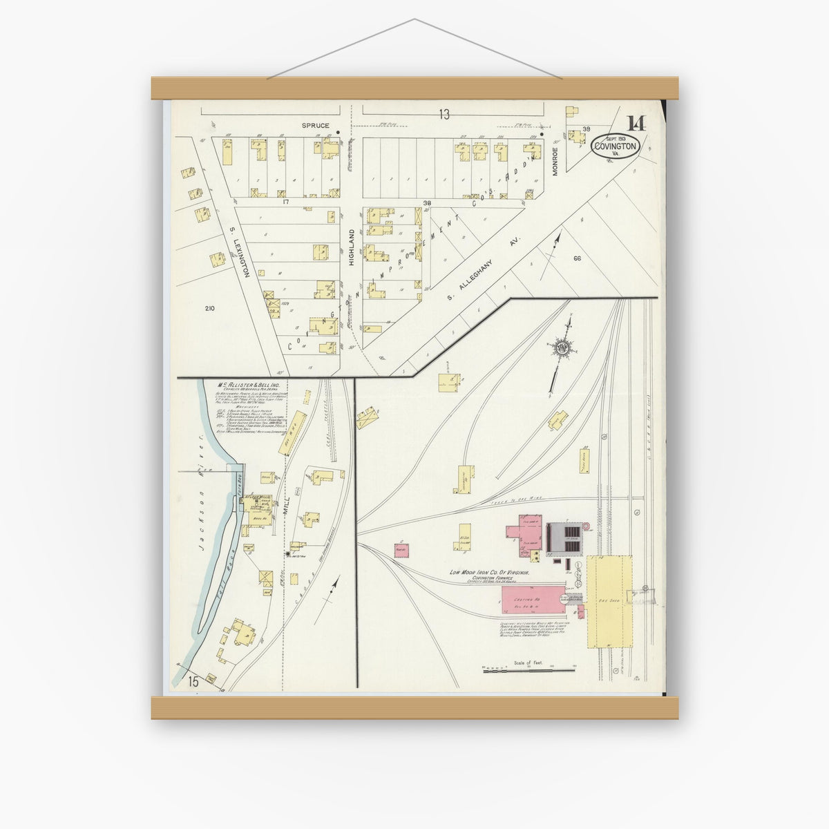 Old map wall art mockup — magnetic wood frame on white wall — Sanborn Fire Insurance Map from Covington, Independent Cities, Virginia (1913), Sheet #0014