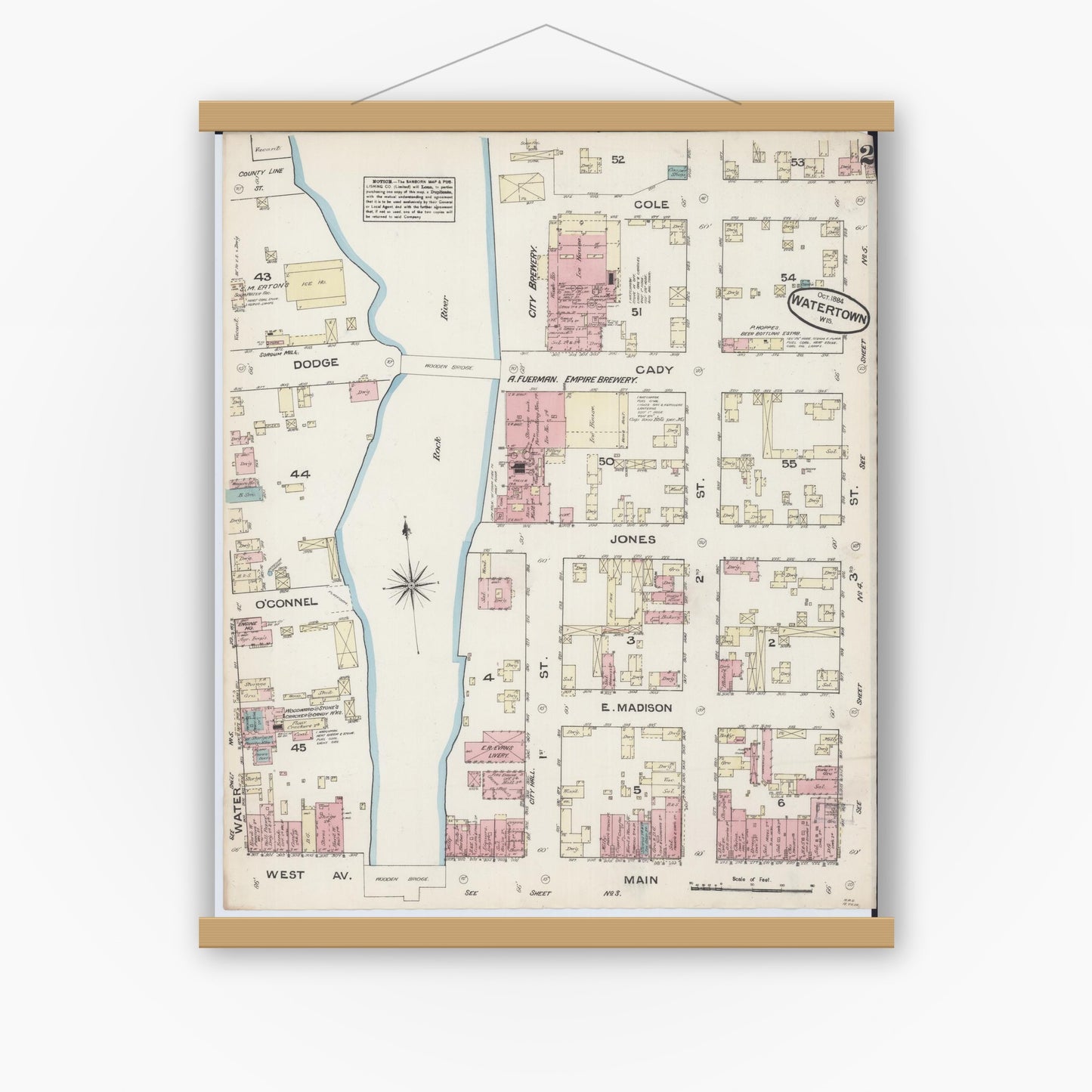 Old map wall art mockup — magnetic wood frame on white wall — Sanborn Fire Insurance Map from Watertown, Jefferson County, Wisconsin (1884), Sheet #0002