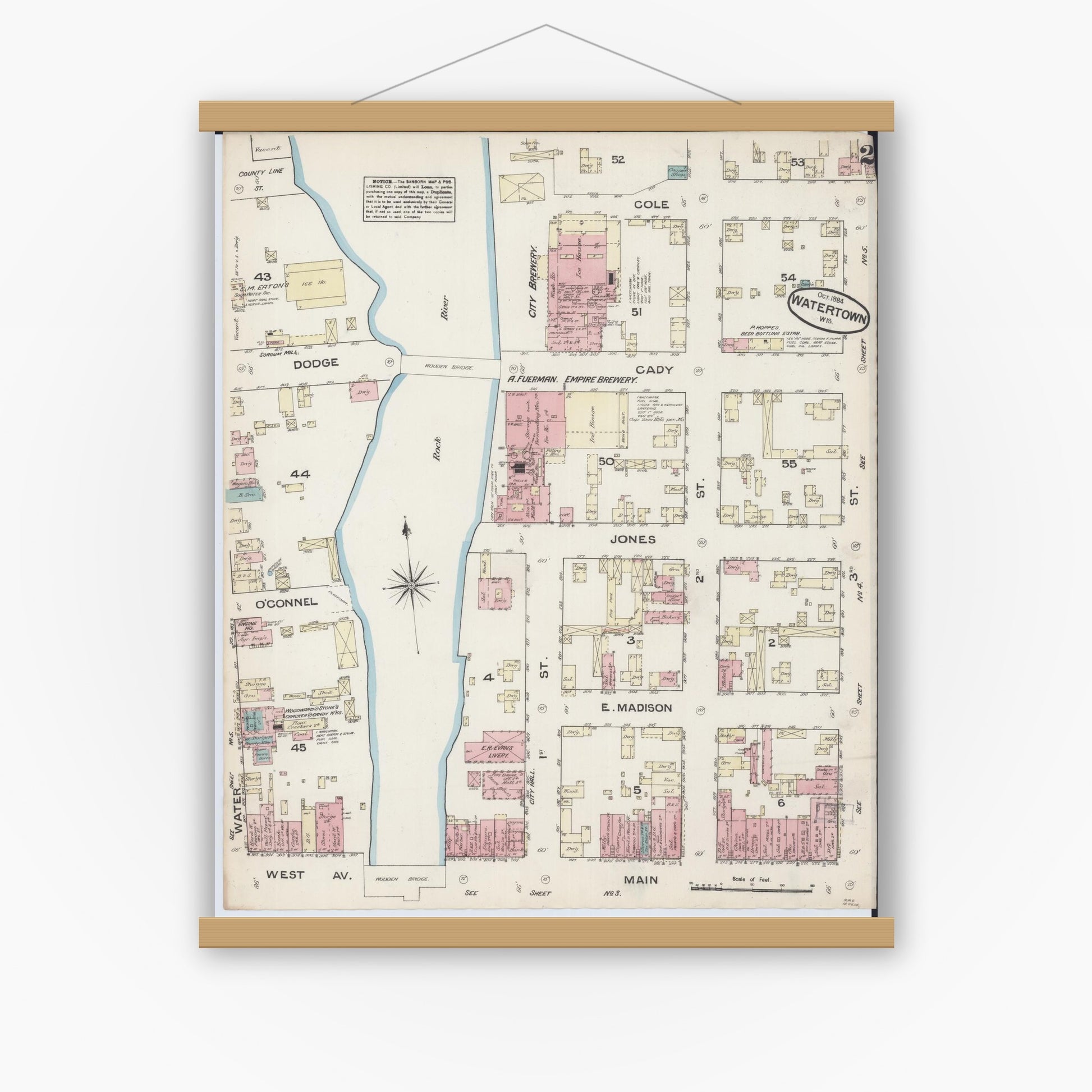 Old map wall art mockup — magnetic wood frame on white wall — Sanborn Fire Insurance Map from Watertown, Jefferson County, Wisconsin (1884), Sheet #0002