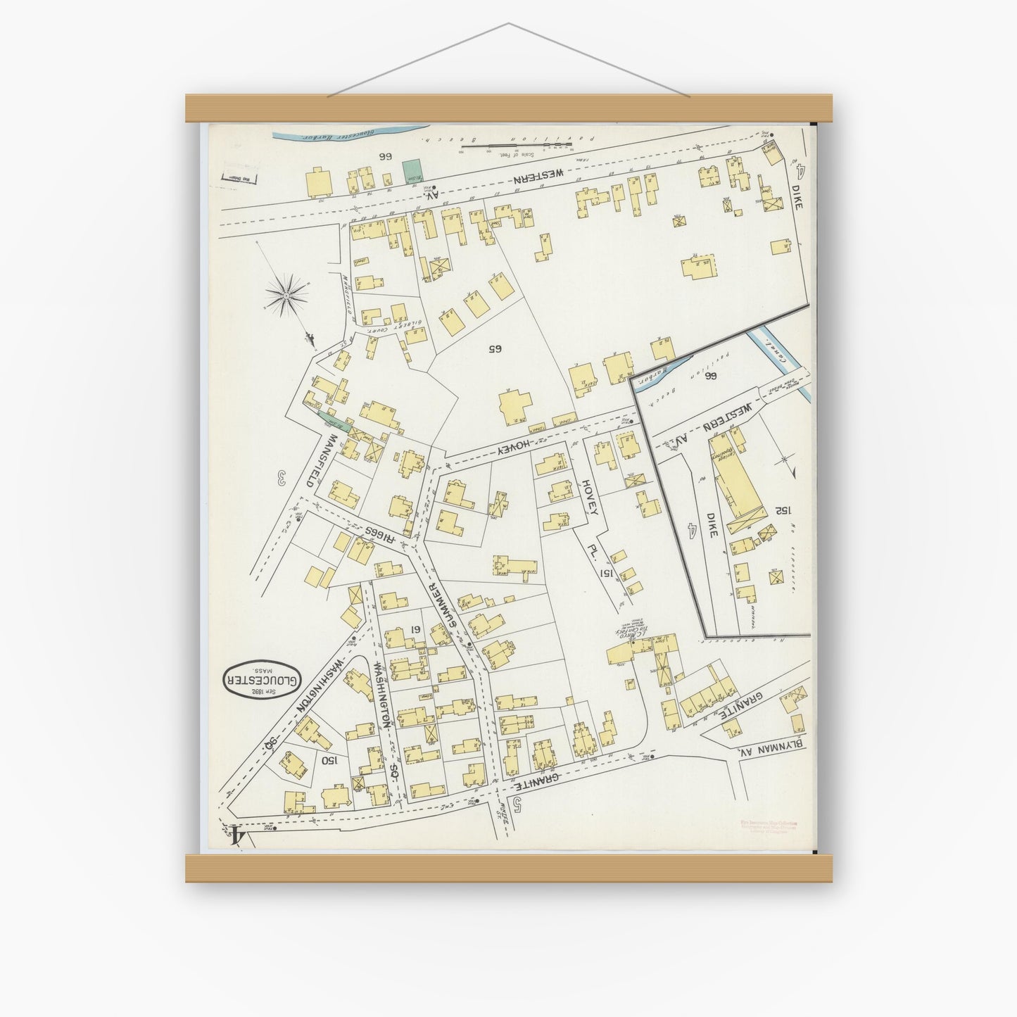 Old map wall art mockup — magnetic wood frame on white wall — Sanborn Fire Insurance Map from Gloucester, Essex County, Massachusetts (1892), Sheet #0004
