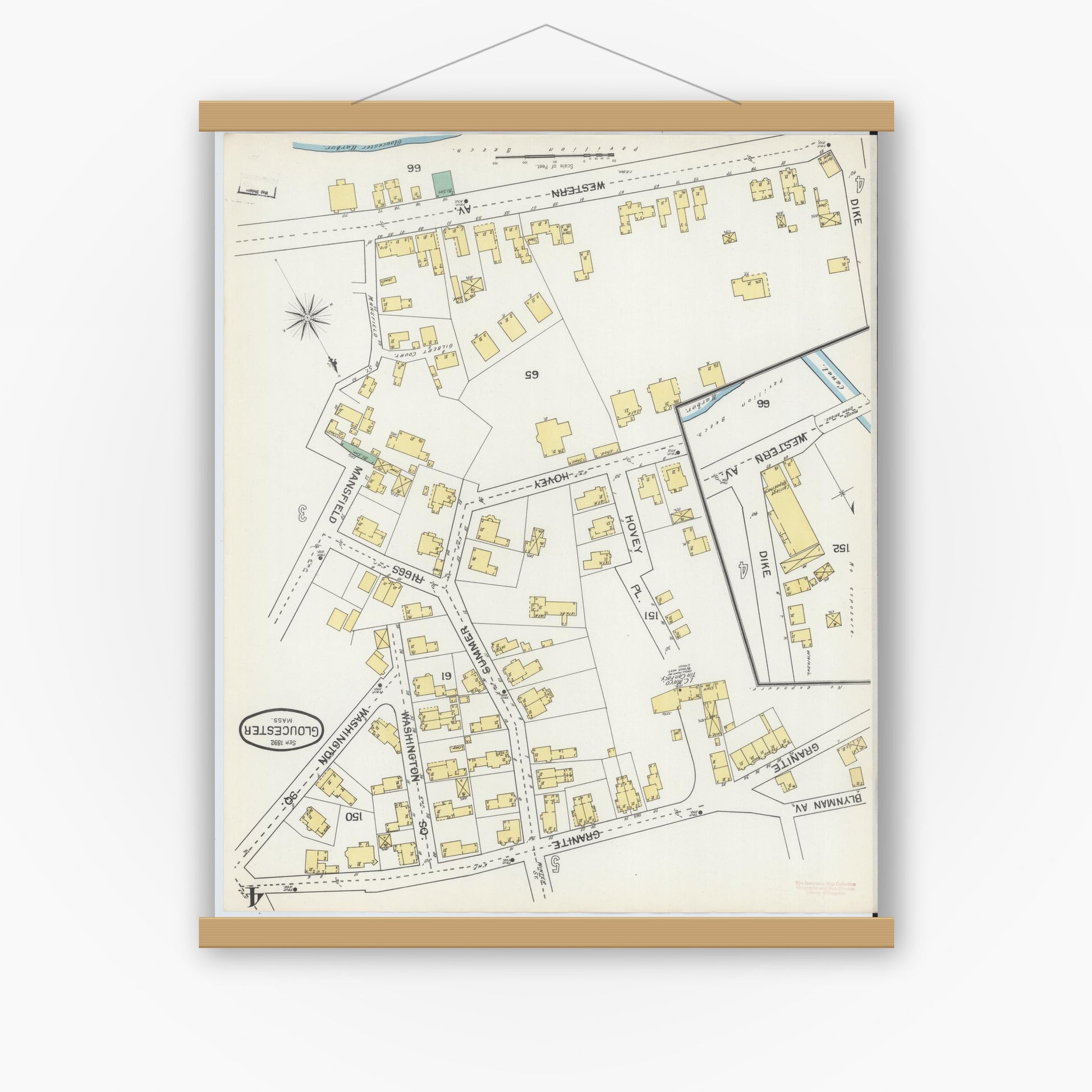Old map wall art mockup — magnetic wood frame on white wall — Sanborn Fire Insurance Map from Gloucester, Essex County, Massachusetts (1892), Sheet #0004