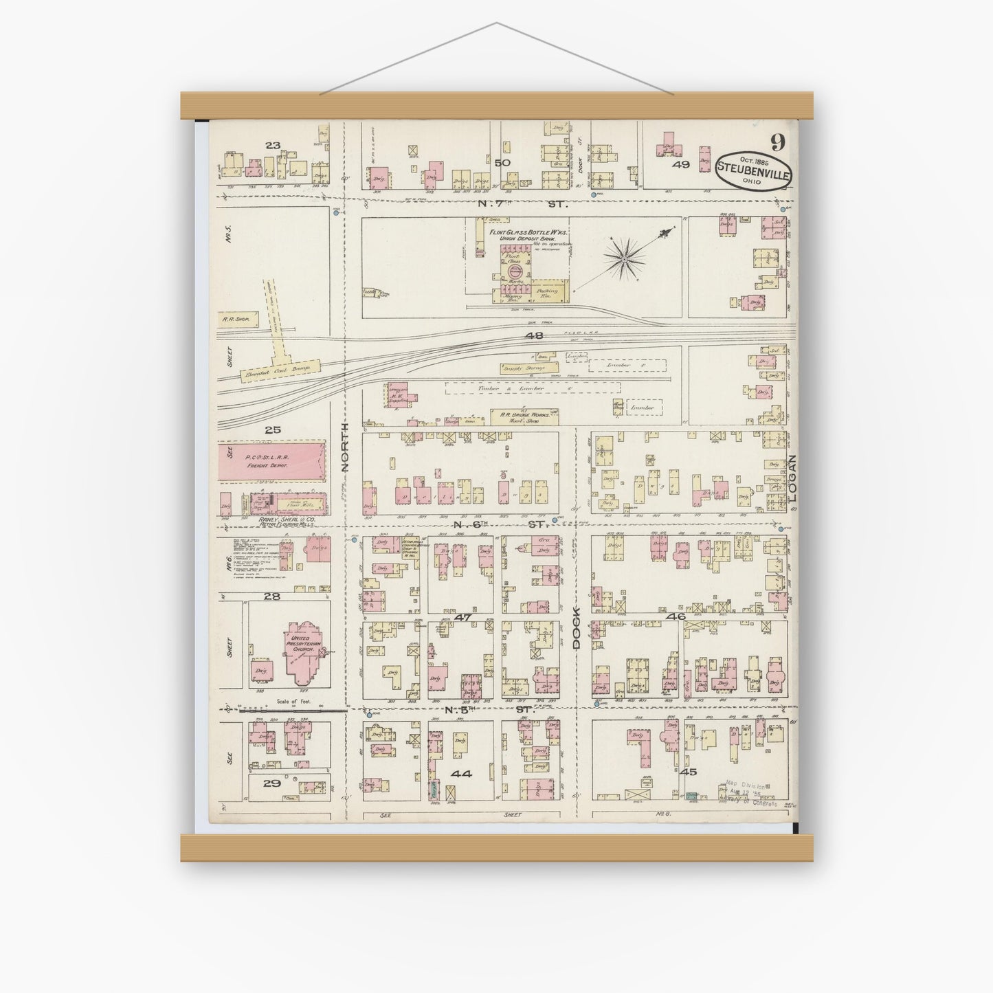 Old map wall art mockup — magnetic wood frame on white wall — Sanborn Fire Insurance Map from Steubenville, Jefferson County, Ohio (1885), Sheet #0009