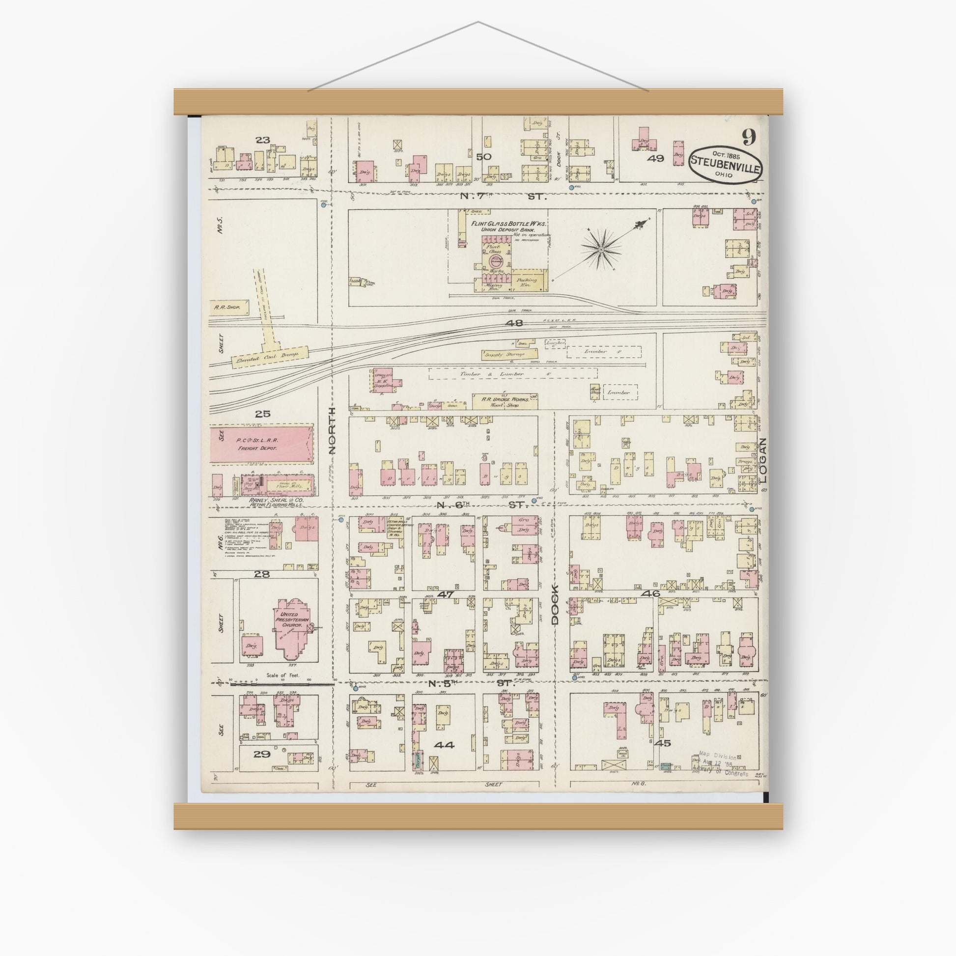 Old map wall art mockup — magnetic wood frame on white wall — Sanborn Fire Insurance Map from Steubenville, Jefferson County, Ohio (1885), Sheet #0009