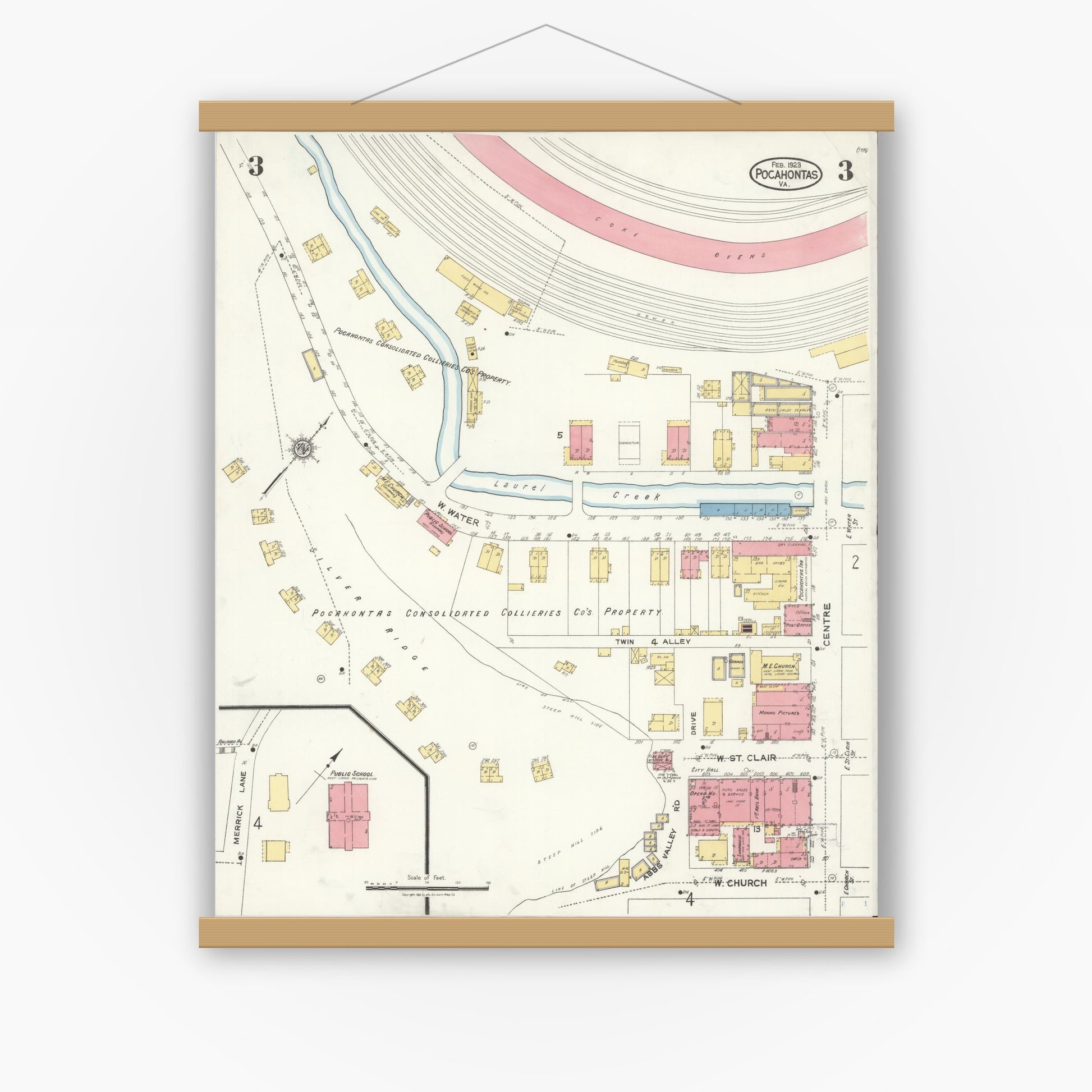 Old map wall art mockup — magnetic wood frame on white wall — Sanborn Fire Insurance Map from Pocahontas, Tazewell County, Virginia (1923), Sheet #0003