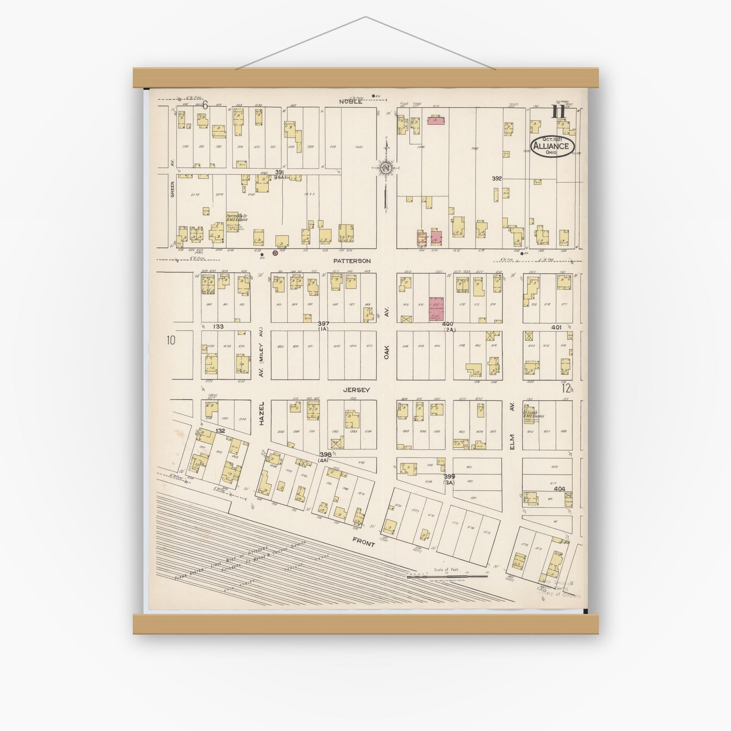 Old map wall art mockup — magnetic wood frame on white wall — Sanborn Fire Insurance Map from Alliance, Stark County, Ohio (1921), Sheet #0011