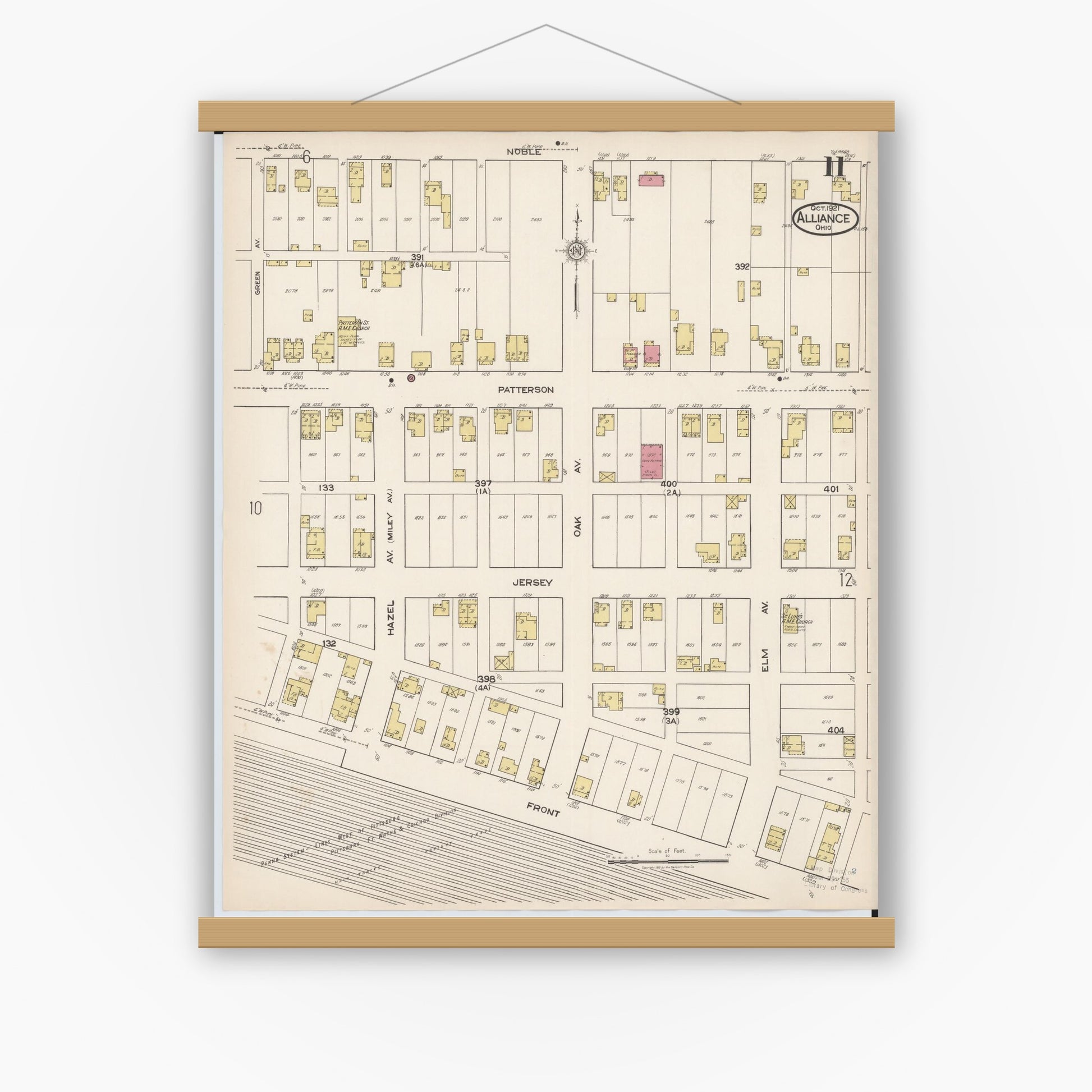 Old map wall art mockup — magnetic wood frame on white wall — Sanborn Fire Insurance Map from Alliance, Stark County, Ohio (1921), Sheet #0011