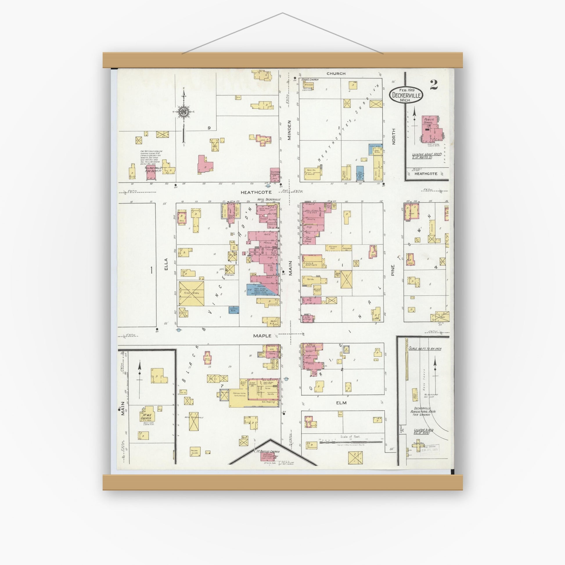 Old map wall art mockup — magnetic wood frame on white wall — Sanborn Fire Insurance Map from Deckerville, Sanilac County, Michigan (1919), Sheet #0002
