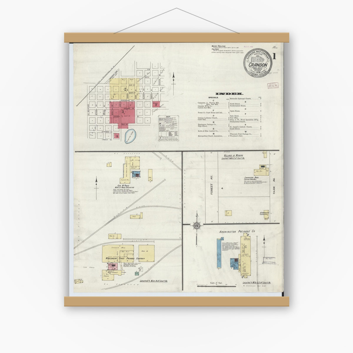 Old map wall art mockup — magnetic wood frame on white wall — Sanborn Fire Insurance Map from Crandon, Forest County, Wisconsin (1909) - Complete Map Set