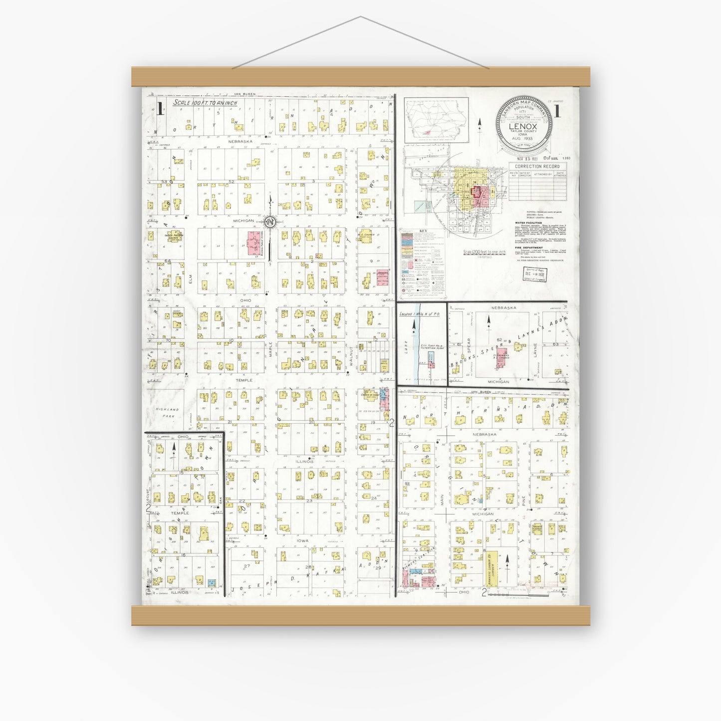 Old map wall art mockup — magnetic wood frame on white wall — Sanborn Fire Insurance Map from Lenox, Taylor County, Iowa (1933), Sheet #0001