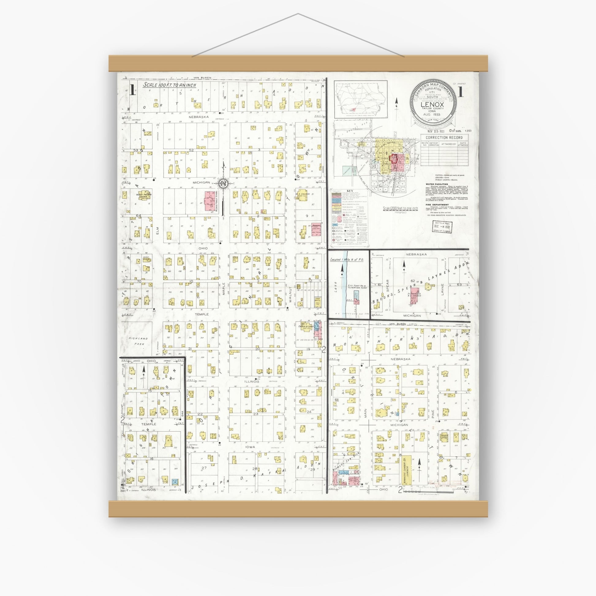 Old map wall art mockup — magnetic wood frame on white wall — Sanborn Fire Insurance Map from Lenox, Taylor County, Iowa (1933), Sheet #0001