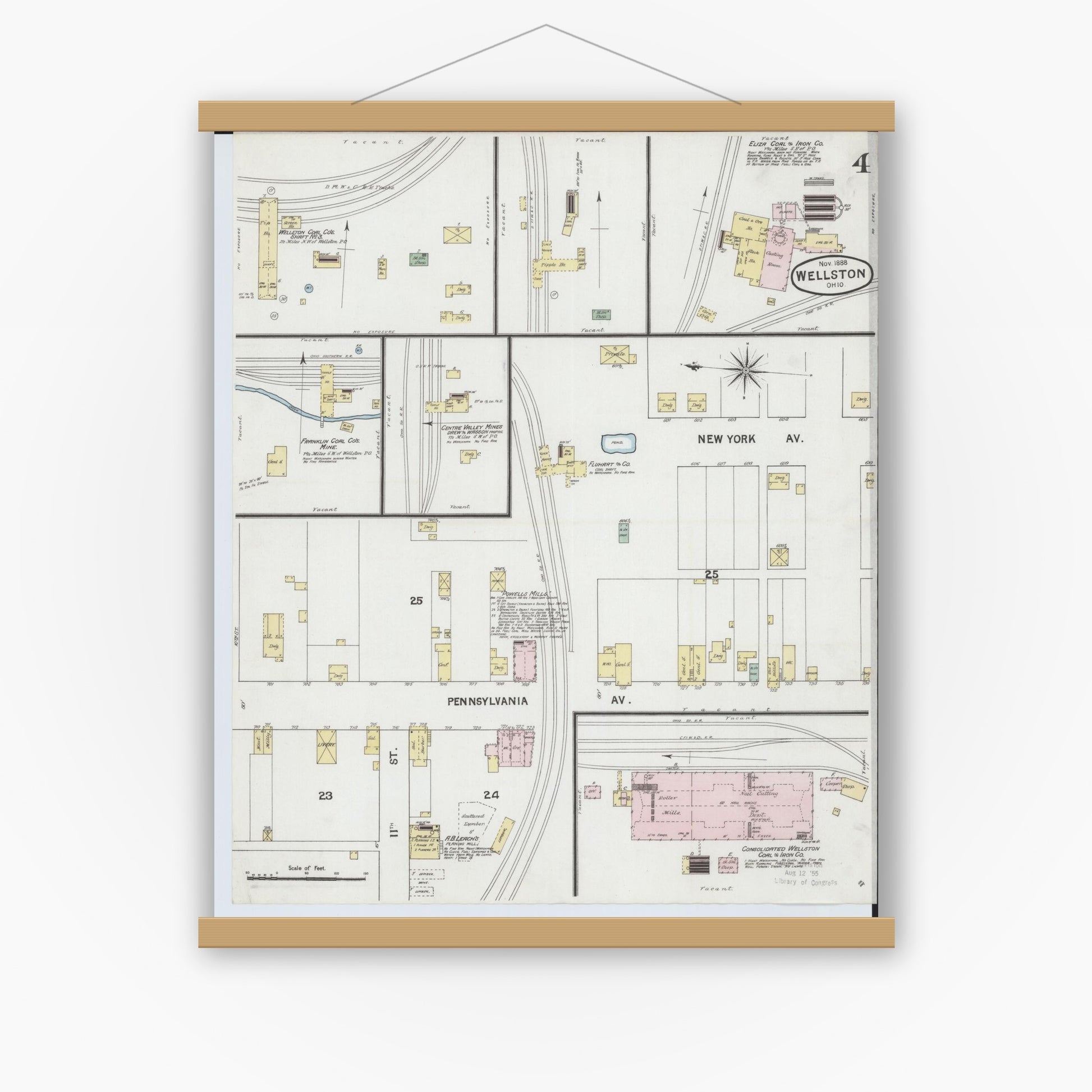Old map wall art mockup — magnetic wood frame on white wall — Sanborn Fire Insurance Map from Wellston, Jackson County, Ohio (1888), Sheet #0004