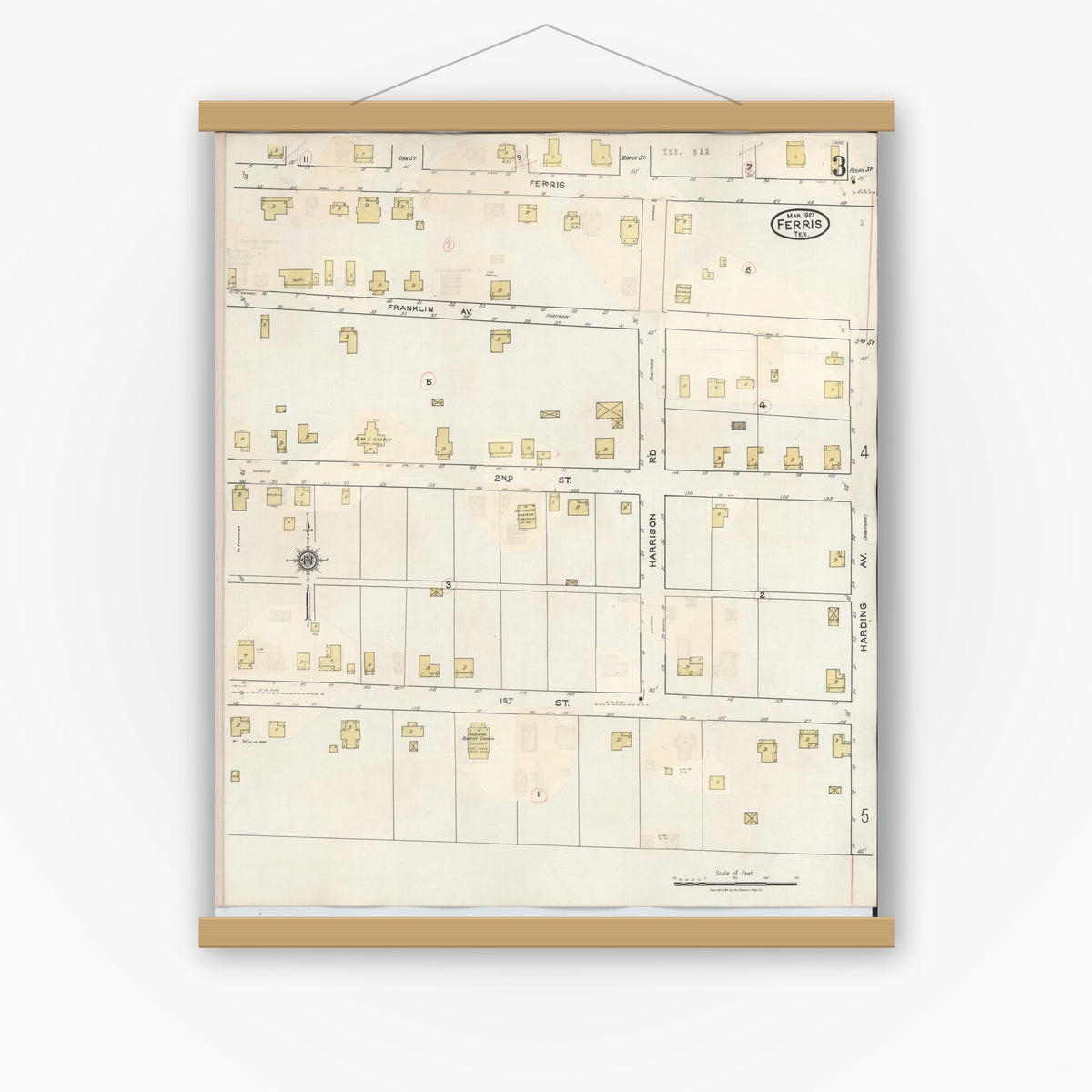 Old map wall art mockup — magnetic wood frame on white wall — Sanborn Fire Insurance Map from Ferris, Ellis County, Texas (1941), Sheet #0003