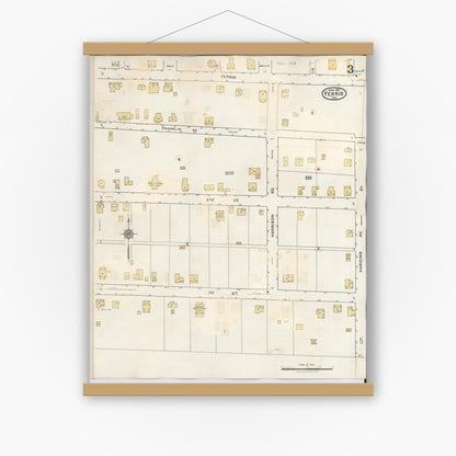 Old map wall art mockup — magnetic wood frame on white wall — Sanborn Fire Insurance Map from Ferris, Ellis County, Texas (1941), Sheet #0003