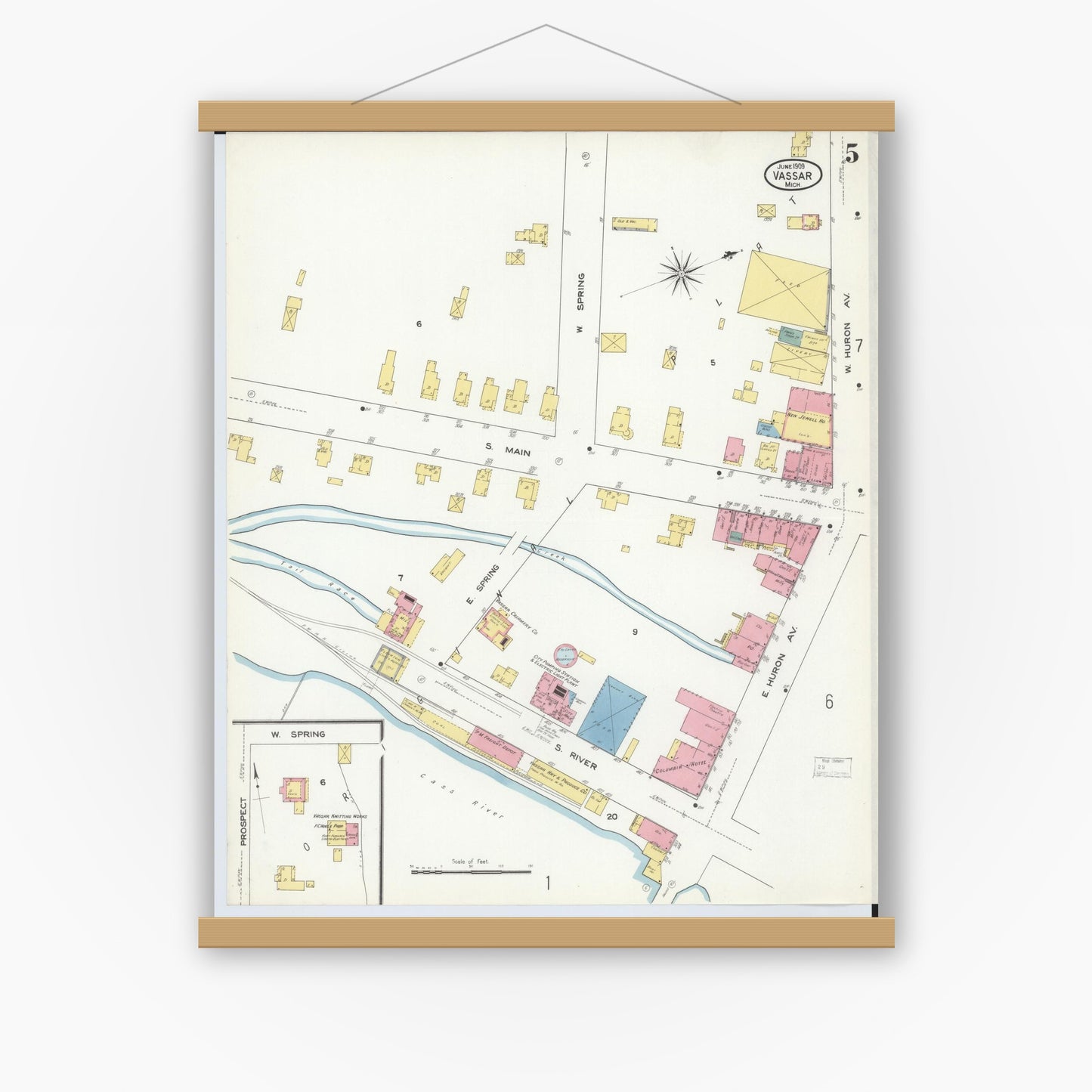 Old map wall art mockup — magnetic wood frame on white wall — Sanborn Fire Insurance Map from Vassar, Tuscola County, Michigan (1909), Sheet #0005