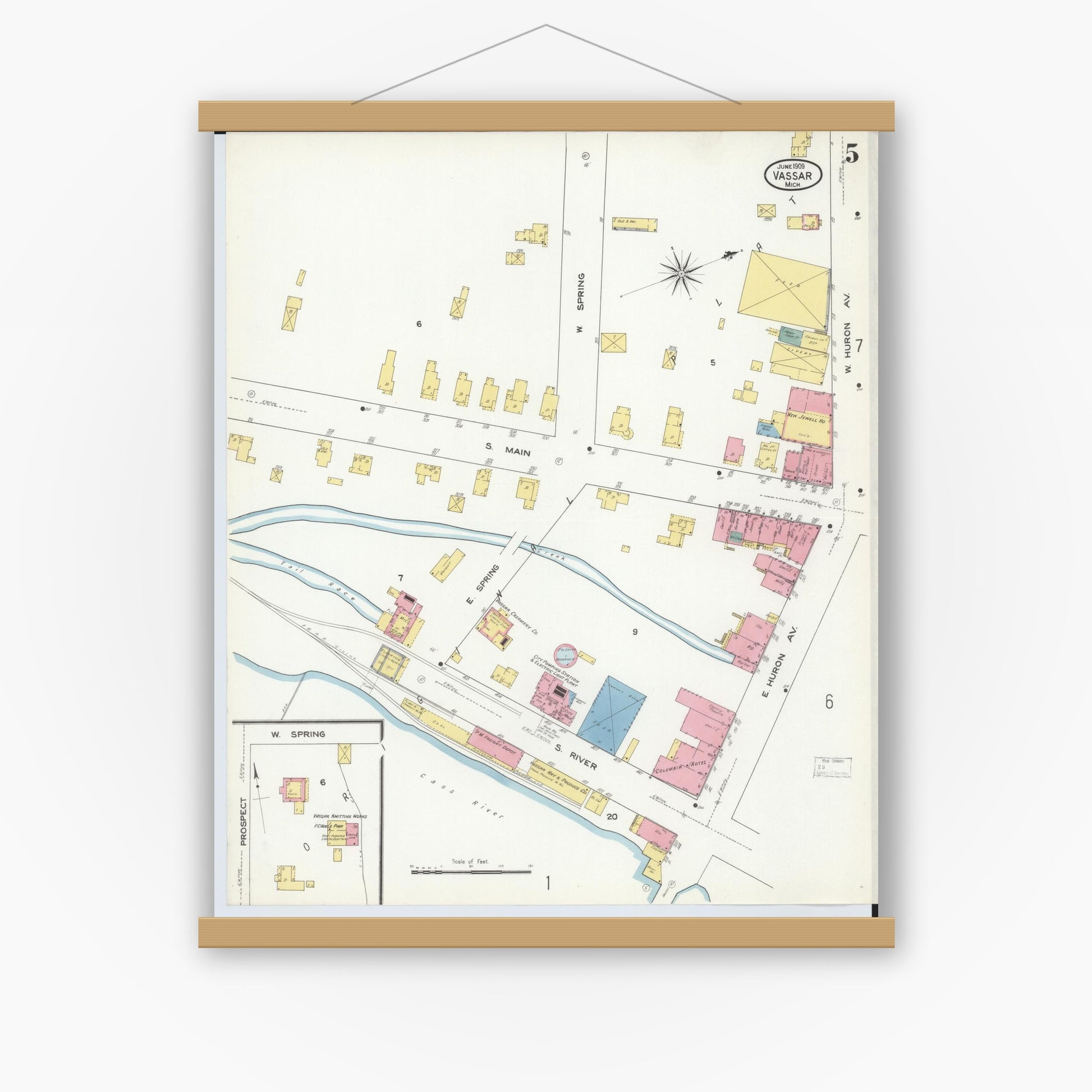 Old map wall art mockup — magnetic wood frame on white wall — Sanborn Fire Insurance Map from Vassar, Tuscola County, Michigan (1909), Sheet #0005