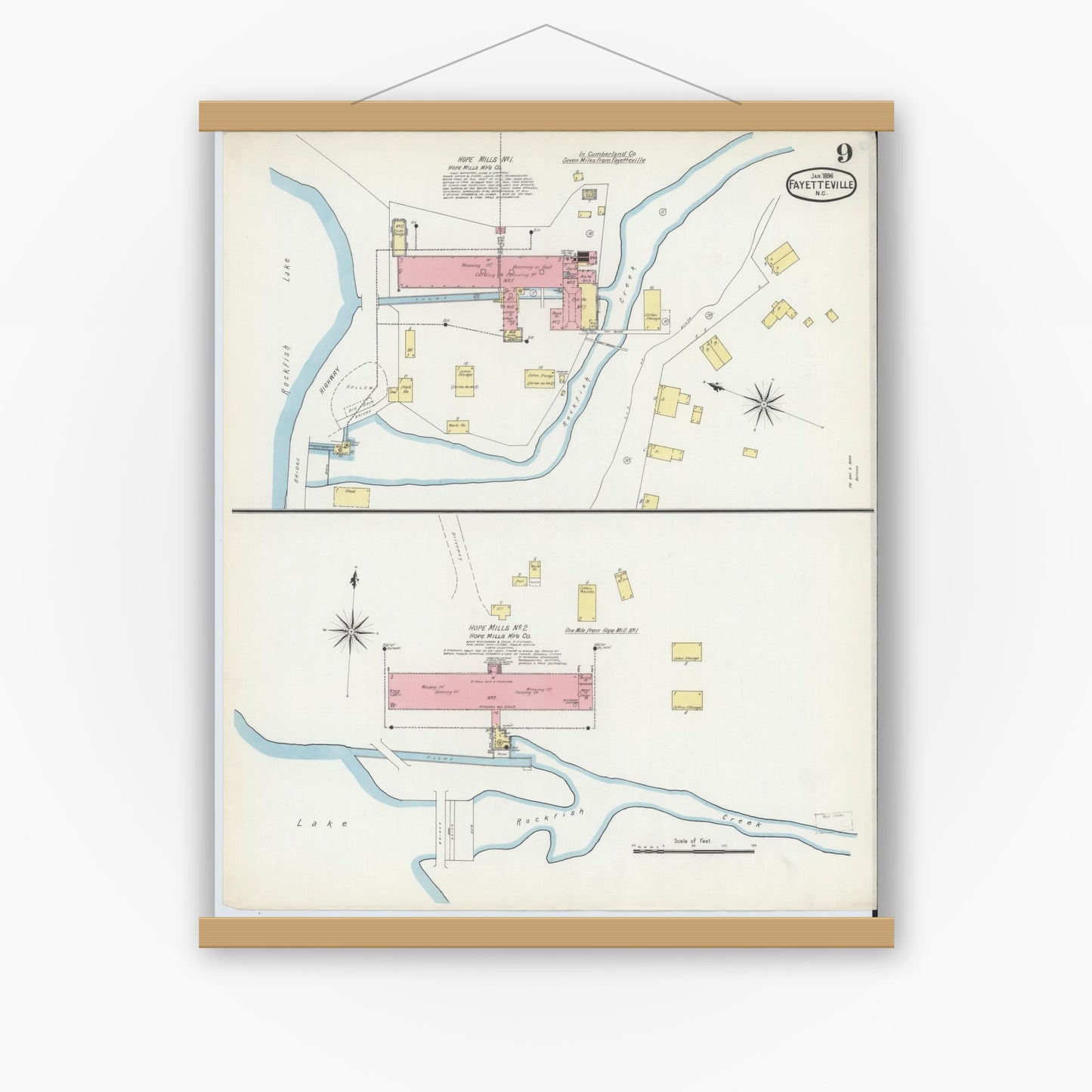 Old map wall art mockup — magnetic wood frame on white wall — Sanborn Fire Insurance Map from Fayetteville, Cumberland County, North Carolina (1896), Sheet #0009