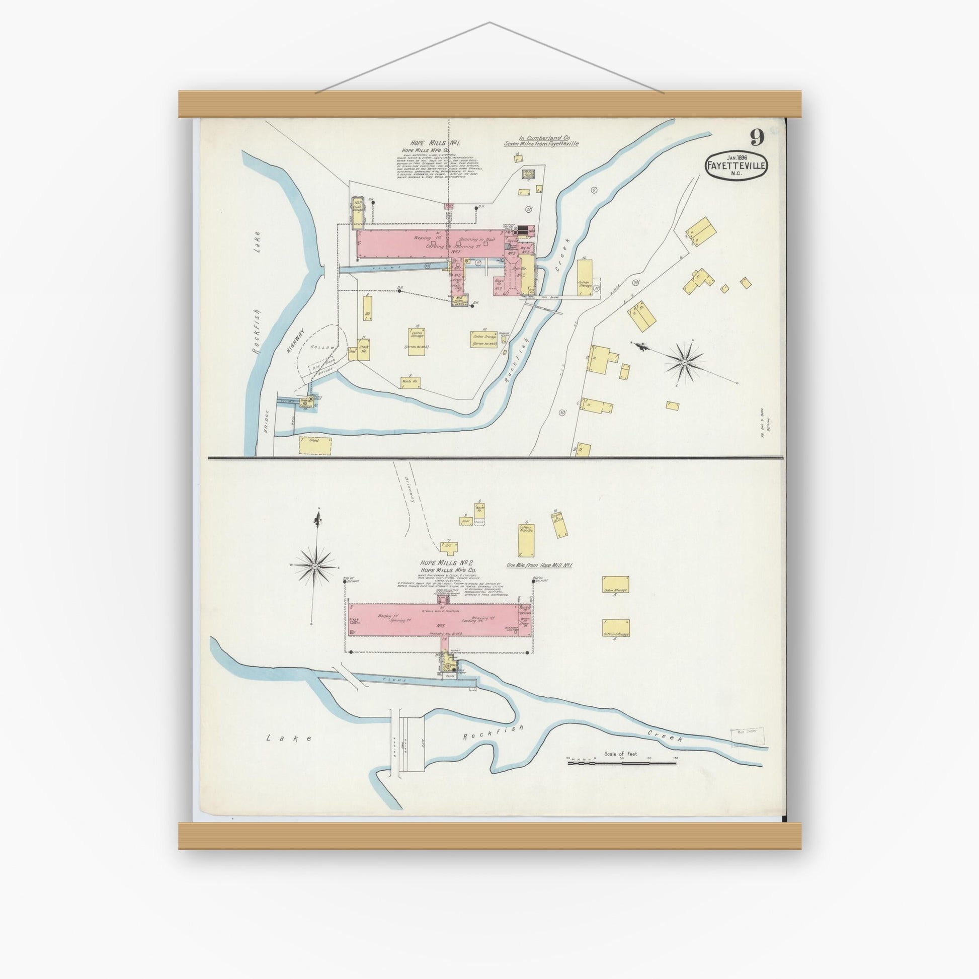 Old map wall art mockup — magnetic wood frame on white wall — Sanborn Fire Insurance Map from Fayetteville, Cumberland County, North Carolina (1896), Sheet #0009