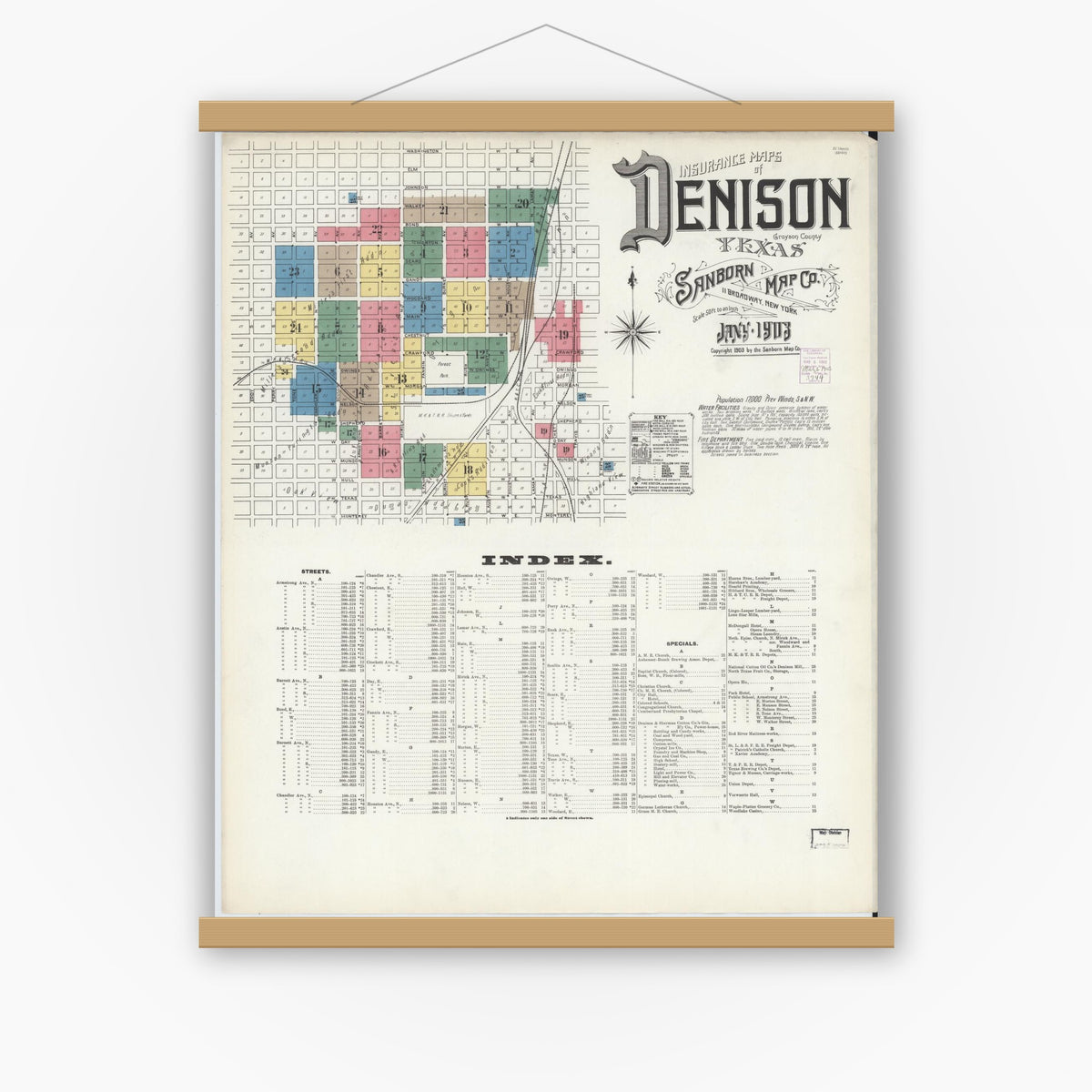 Old map wall art mockup — magnetic wood frame on white wall — Sanborn Fire Insurance Map from Denison, Grayson County, Texas (1903), Sheet #0001
