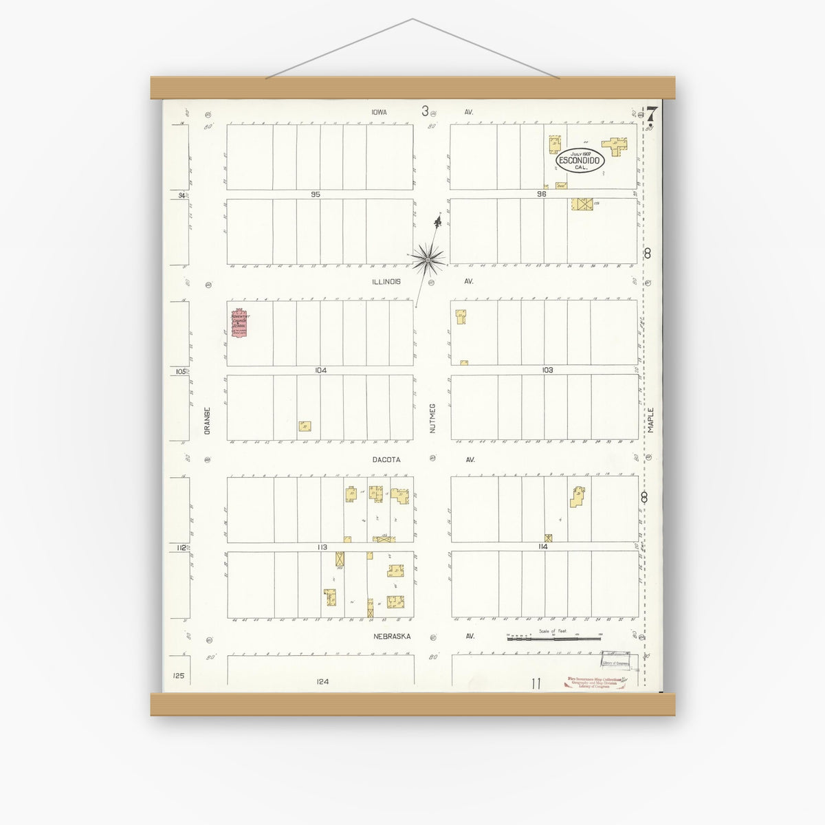 Old map wall art mockup — magnetic wood frame on white wall — Sanborn Fire Insurance Map from Escondido, San Diego County, California (1907), Sheet #0007