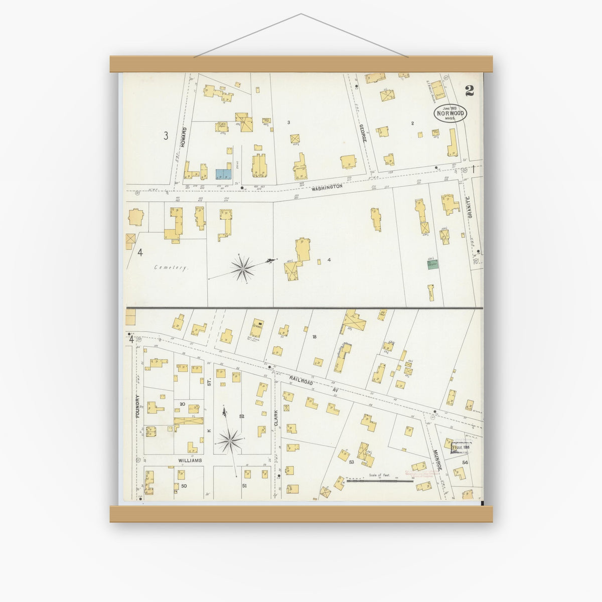 Old map wall art mockup — magnetic wood frame on white wall — Sanborn Fire Insurance Map from Norwood, Norfolk County, Massachusetts (1903), Sheet #0002