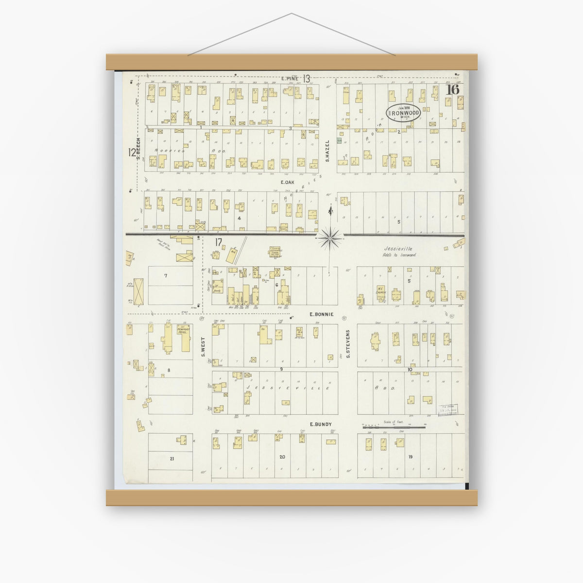 Old map wall art mockup — magnetic wood frame on white wall — Sanborn Fire Insurance Map from Ironwood, Gogebic County, Michigan (1898), Sheet #0016