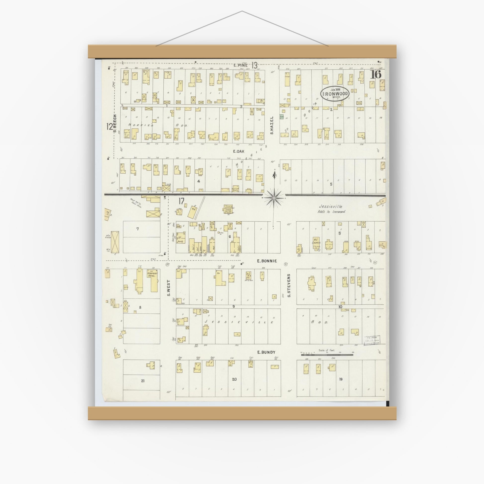 Old map wall art mockup — magnetic wood frame on white wall — Sanborn Fire Insurance Map from Ironwood, Gogebic County, Michigan (1898), Sheet #0016